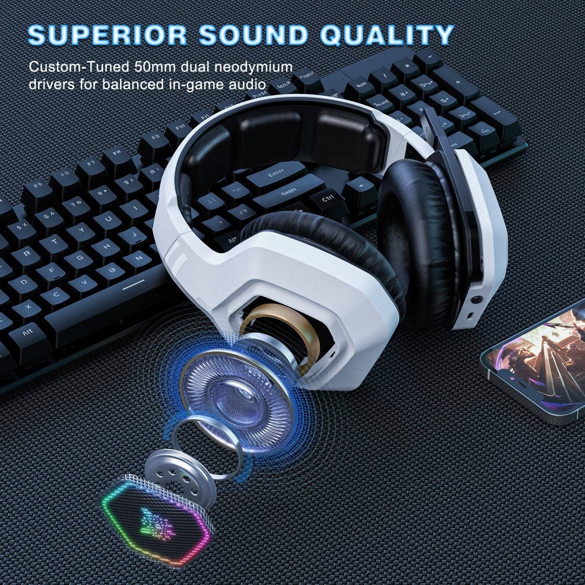 ONIKUMA B100 gaming headset with 50mm dual neodymium drivers delivering superior sound quality for immersive gaming audio.